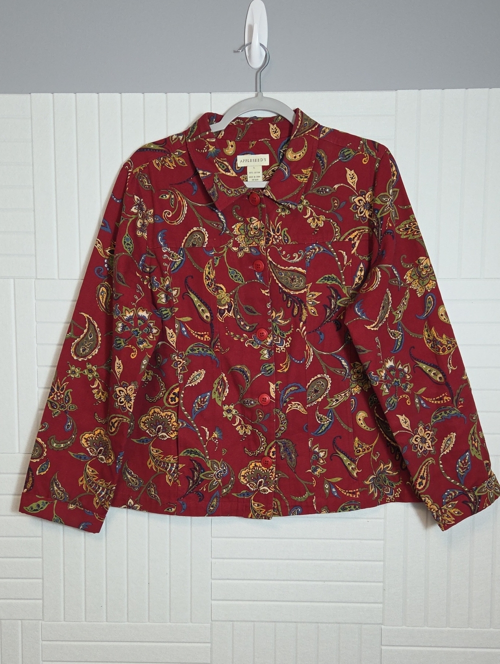 Appleseed's 100% Cotton Red Lightweight Denim Paisley Botanical Jacket Size L
